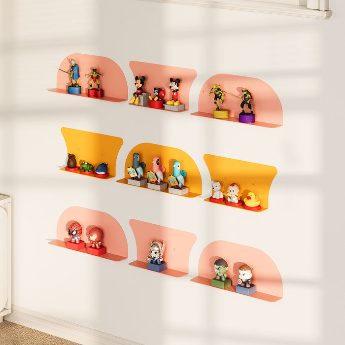 Tony Tony Tony Shelf Bundle minimalist design with two convex and one concave floating shelf bracket displaying toys in a kids’ room