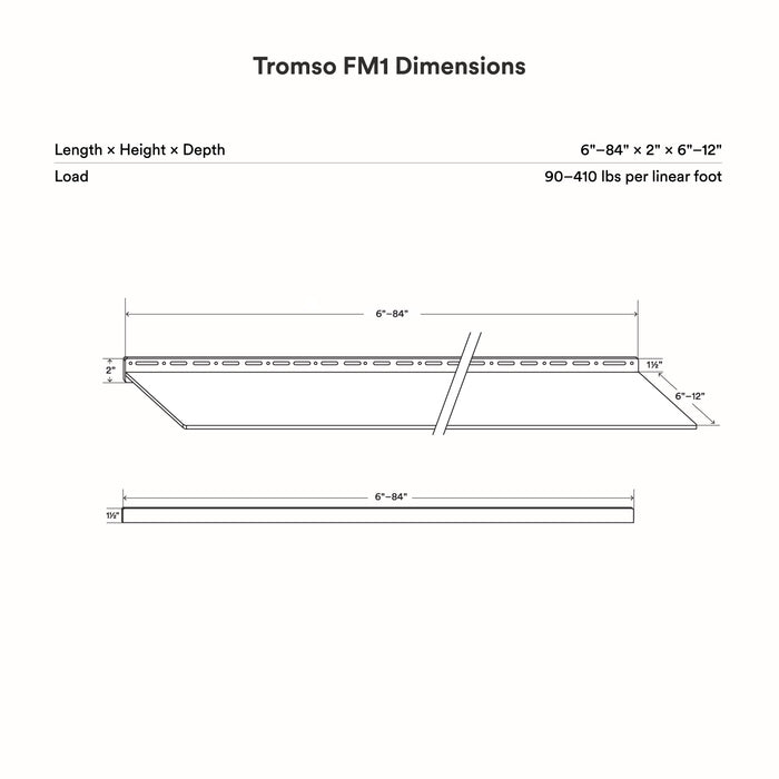 Tromso FM1 Steel Floating Shelf technical drawing showing customizable length and depth with load capacity details by Shelfology