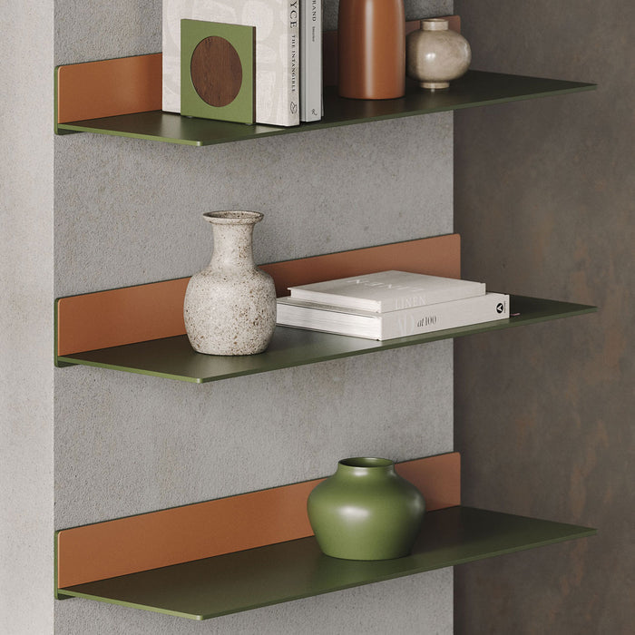 Tromso FM3 Steel Floating Shelf in olive green steel with contrasting brown backplate showcasing modern display ledges by Shelfology