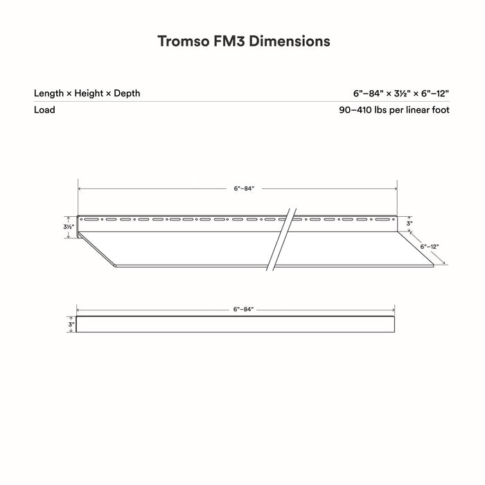 Tromso FM3 Steel Floating Shelf technical drawing showing customizable length and depth with load capacity details by Shelfology