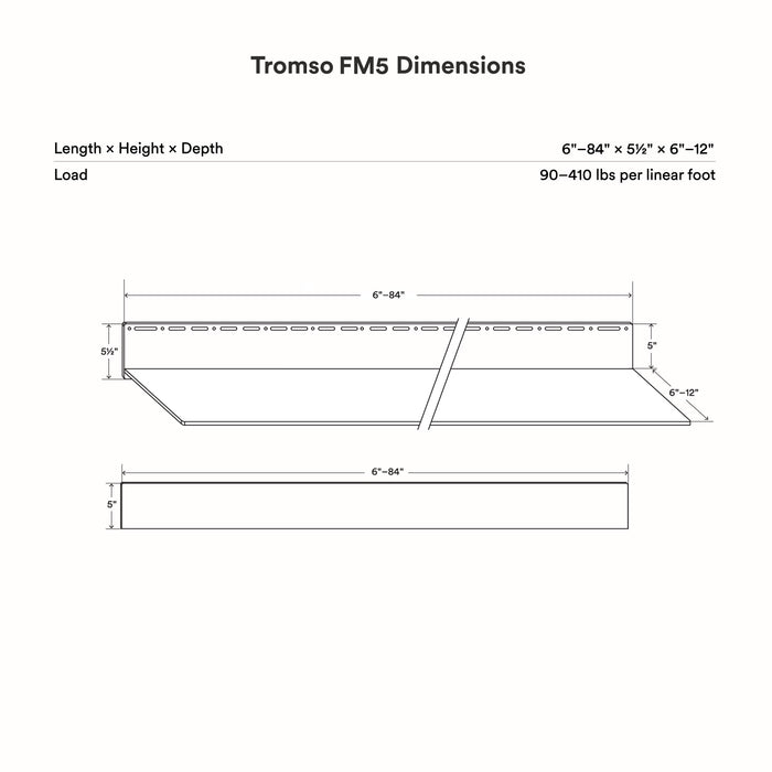 Tromso FM5 Steel Floating Shelf technical drawing with customizable length, depth, and load capacity details by Shelfology