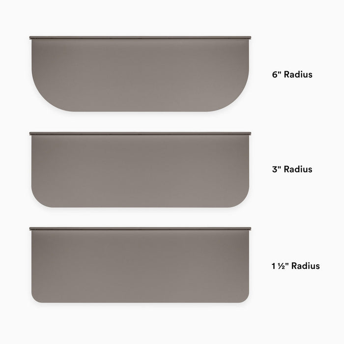 Tromso RADius FM1 Steel Floating Shelf in arsenic gray showing 6", 3", and 1½" curved radius edge options by Shelfology