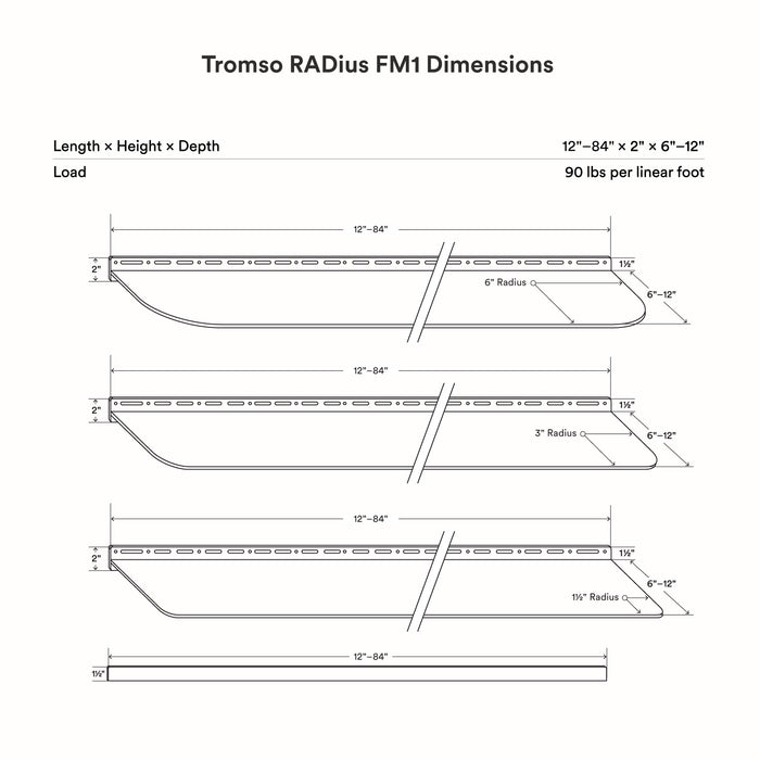 Tromso RADius FM1 Steel Floating Shelf line drawing showing 5, 3, and 1½ inch radius curved edge dimensions and load capacity