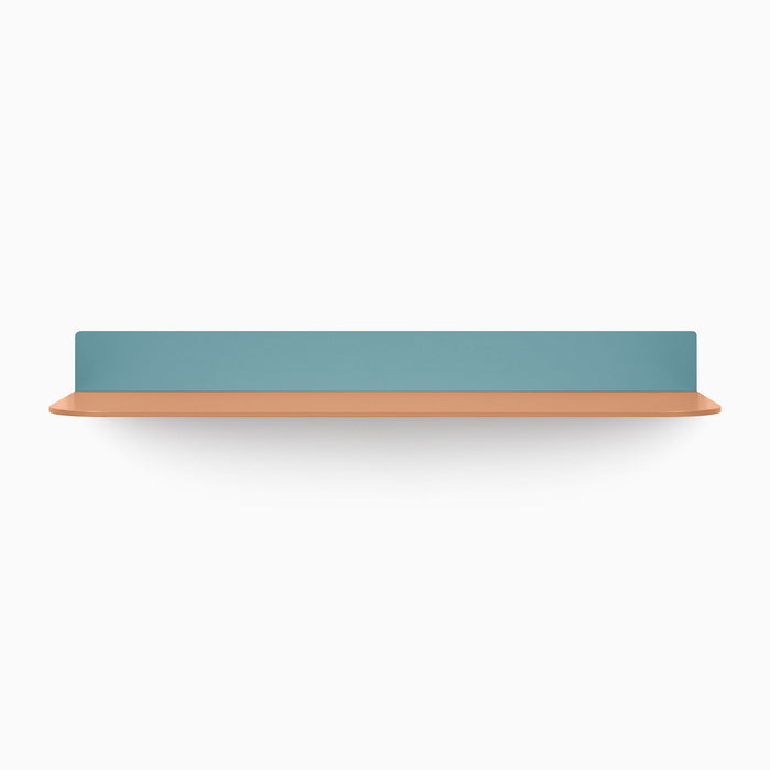 Tromso RADius FM3 Steel Floating Shelf with muted terracotta base and blue-green back panel for wall display by Shelfology