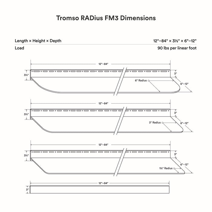 Tromso RADius FM3 Steel Floating Shelf line drawing showing curved edge radius options and load capacity details by Shelfology