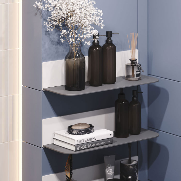Tromso RADius FM5 Steel Floating Shelf with sleek steel design holding decor and books for minimalist wall display and organization