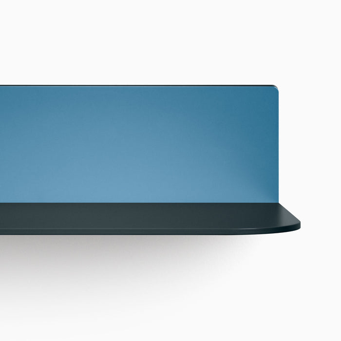 Tromso RADius FM5 Steel Floating Shelf in blue and dark steel, showcasing sleek metal floating shelf design by Shelfology
