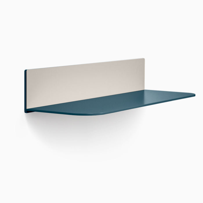 Tromso RADius FM5 Steel Floating Shelf in blue and beige with minimalist design for functional wall display and organization by Shelfology