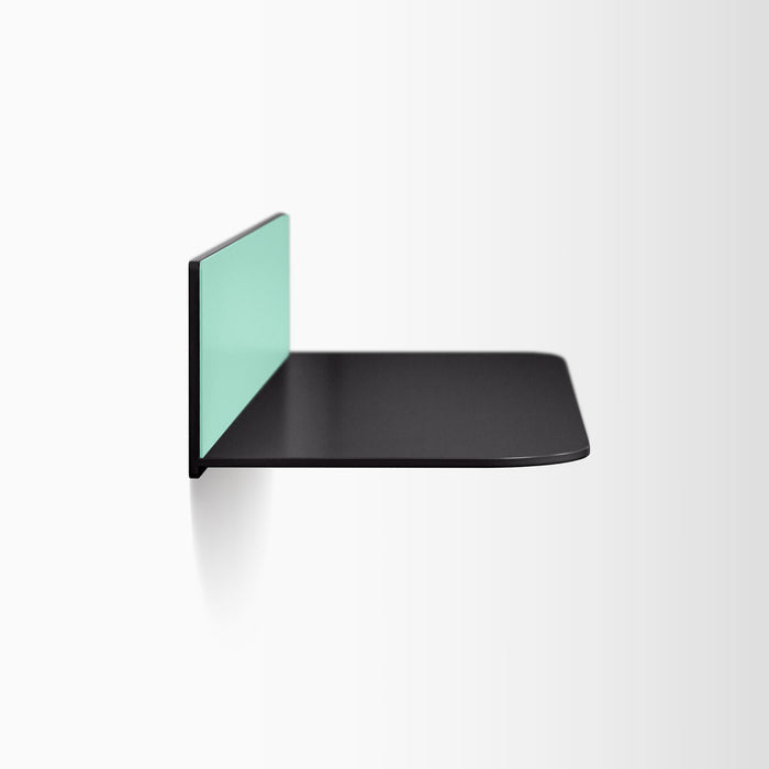 Tromso RADius FM5 Steel Floating Shelf in black with mint green back panel and rounded edge by Shelfology