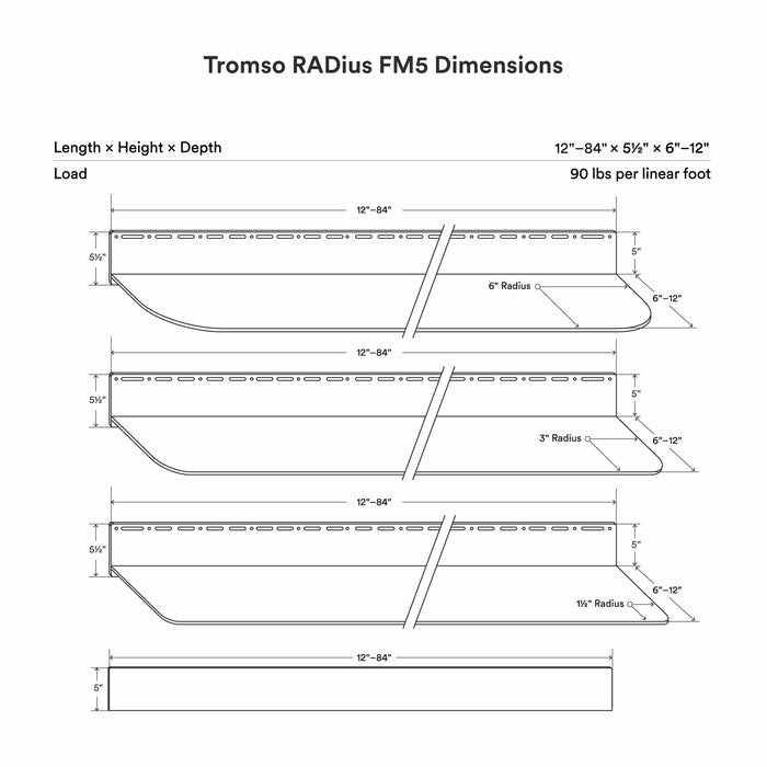 Tromso RADius FM5 Steel Floating Shelf dimension diagram showing 6", 3", and 1½" radius edge options and load capacity details