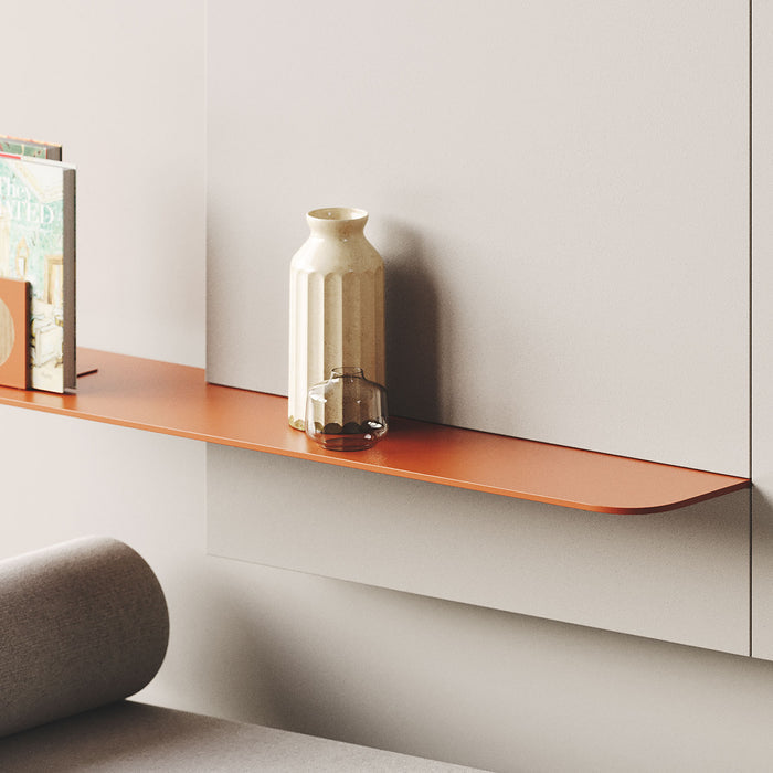 Tromso RADius Steel Floating Shelf in soft terracotta steel with minimalist curved metal design for modern wall display by Shelfology