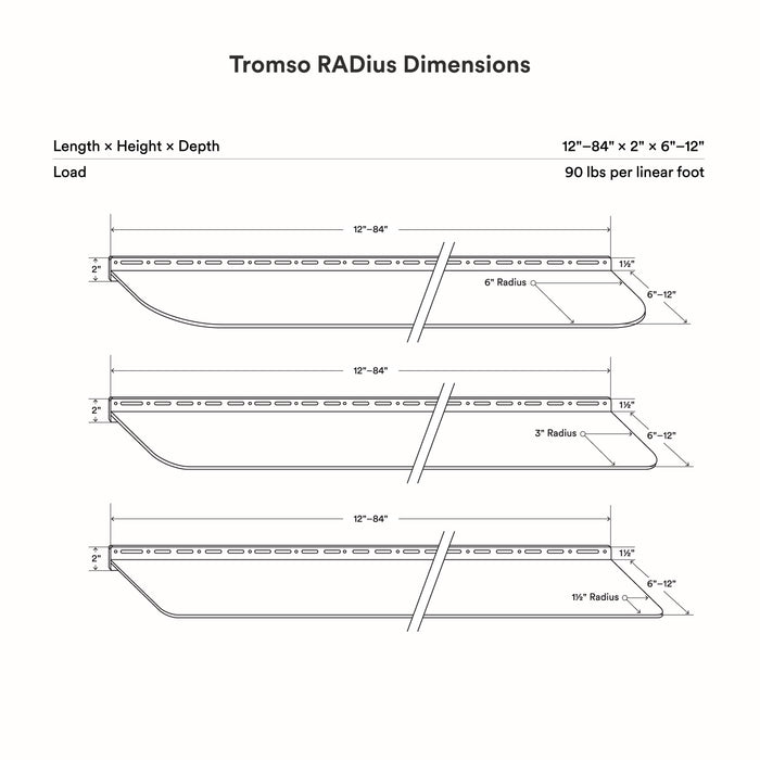 Tromso RADius Steel Floating Shelf dimensions with 5", 3", and 1⅛" radius curved edges for metal wall display by Shelfology