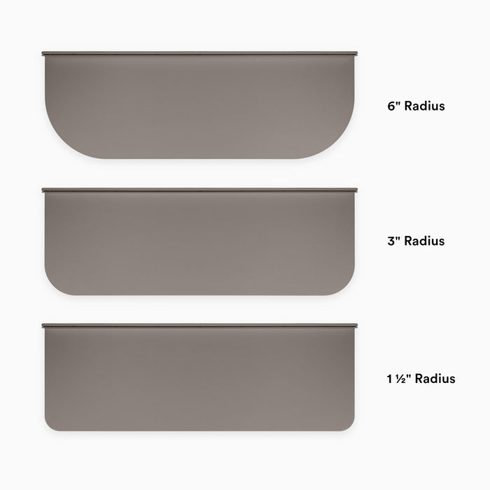 Tromso RADius FM5 Steel Floating Shelf in arsenic gray showing 6", 3", and 1½" radius curved edge options by Shelfology