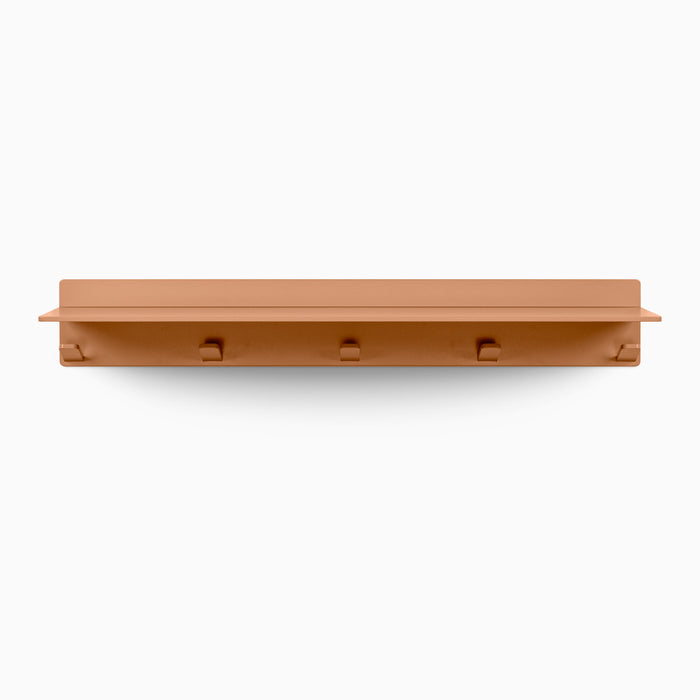 Tromso Steel Floating Shelf + Coat Rack in muted terracotta with integrated wall hooks for minimalist organization and display by Shelfology
