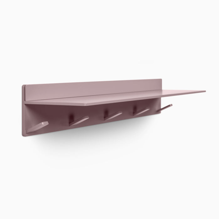 Tromso Steel Floating Shelf + Coat Rack in muted purple dusk steel with integrated angled wall hooks for modern organization by Shelfology
