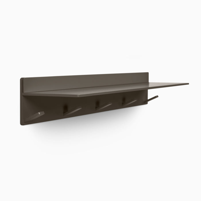 Tromso Steel Floating Shelf + Coat Rack in tungsten steel with integrated wall hooks for sleek organization by Shelfology
