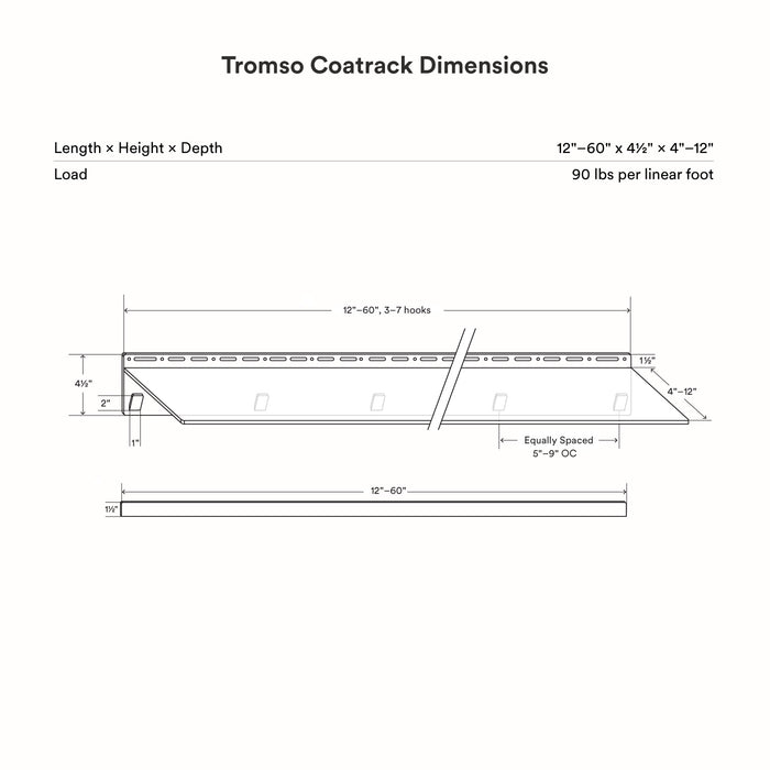 Tromso Steel Floating Shelf + Coat Rack dimension diagram showing adjustable length and integrated wall hooks by Shelfology