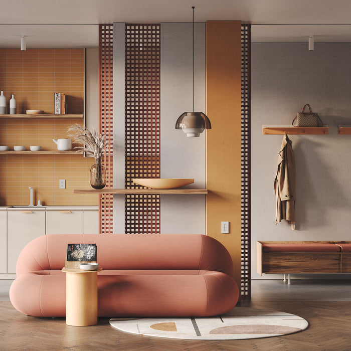 Tromso Steel Floating Shelf + Coat Rack in muted terracotta steel mounted on wall with coat and handbag in modern living room by Shelfology