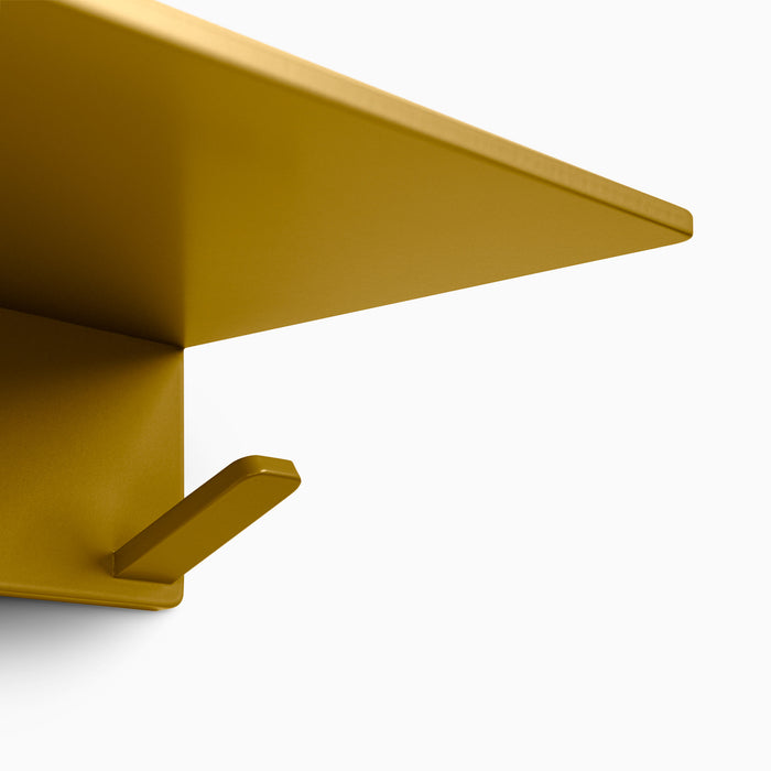 Tromso Steel Floating Shelf + Coat Rack in mustard yellow steel showing integrated wall hook detail by Shelfology