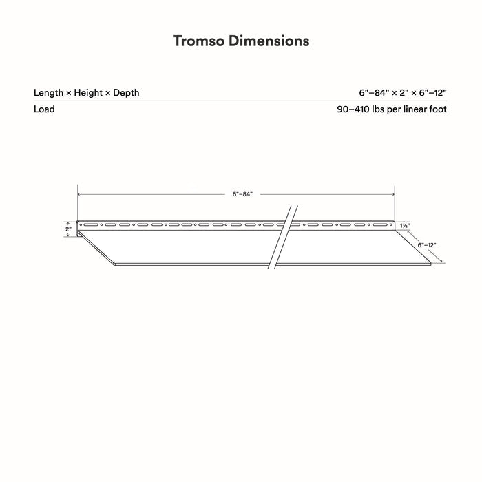 Tromso Steel Floating Shelf technical drawing showing dimensions and load capacity for customizable wall-mounted metal shelf by Shelfology
