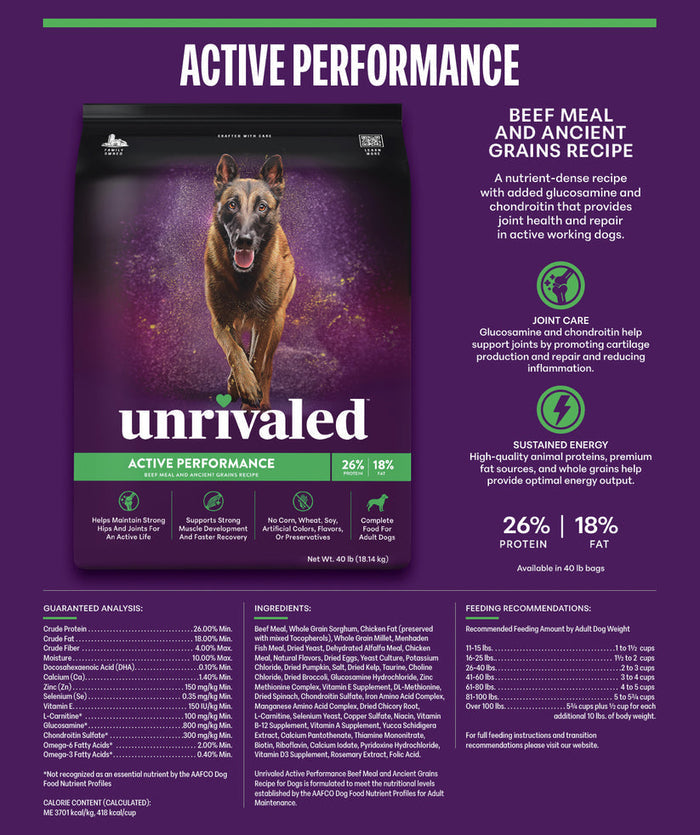 Unrivaled Active Performance Beef Meal and Ancient Grains Recipe 26/18 Dog Food
