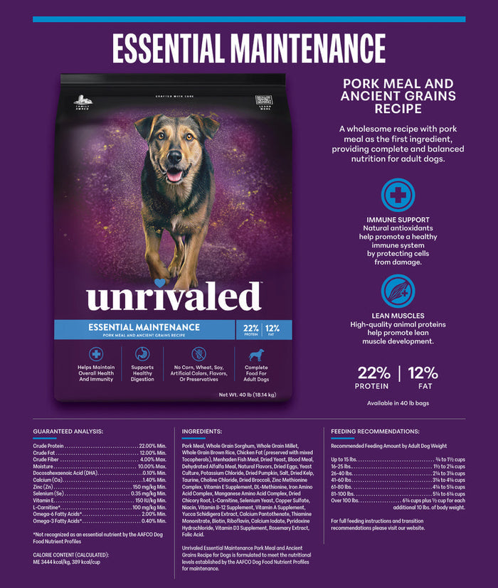 Unrivaled Essential Maintenance Pork Meal and Ancient Grains Recipe 22/12 Dog Food
