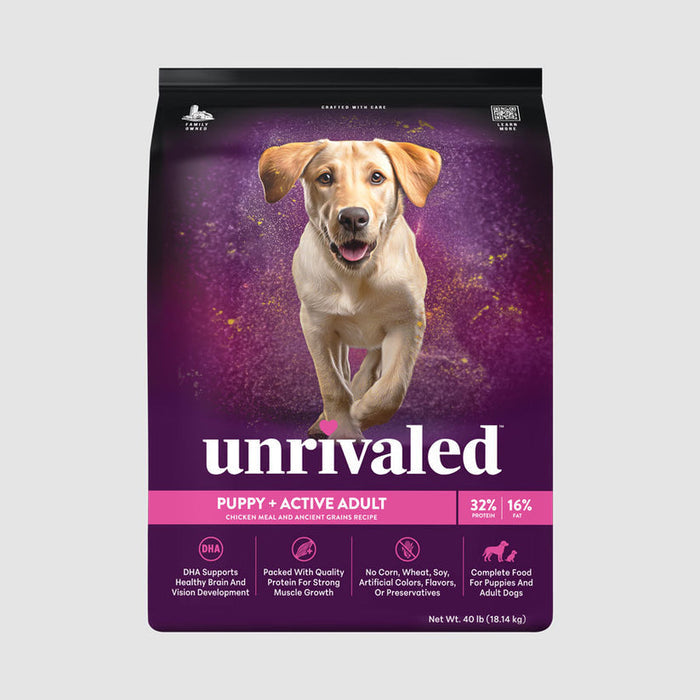 Unrivaled Puppy + Active Adult Chicken Meal and Ancient Grains Recipe 32/16 Dog Food