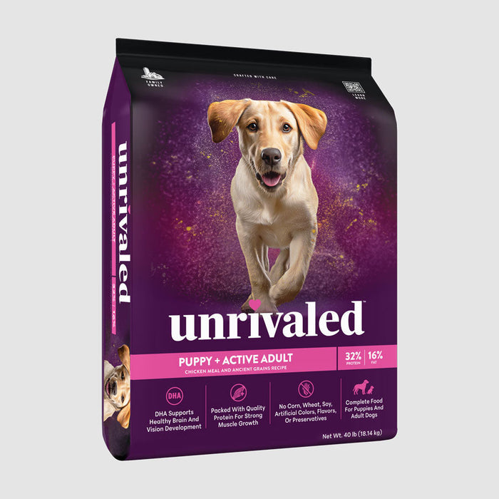 Unrivaled Puppy + Active Adult Chicken Meal and Ancient Grains Recipe 32/16 Dog Food