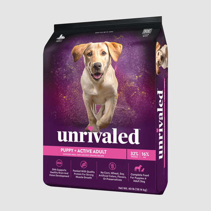 Unrivaled Puppy + Active Adult Chicken Meal and Ancient Grains Recipe 32/16 Dog Food