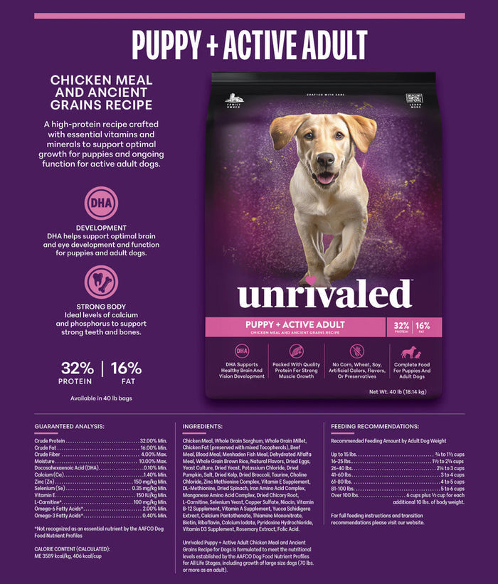 Unrivaled Puppy + Active Adult Chicken Meal and Ancient Grains Recipe 32/16 Dog Food