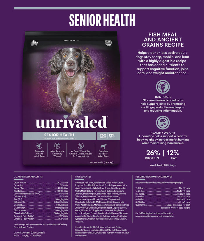 Unrivaled Senior Health Fish Meal and Ancient Grains Recipe 26/12 Dog Food
