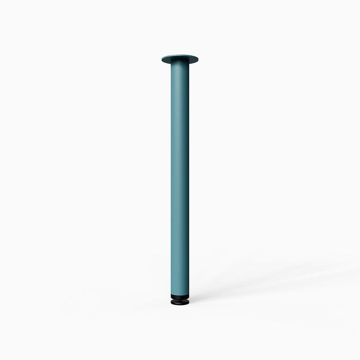 Uppity Table Leg in steely blue steel with a minimalist cylindrical design, offering sturdy support for freestanding or wall-mounted tabletops.