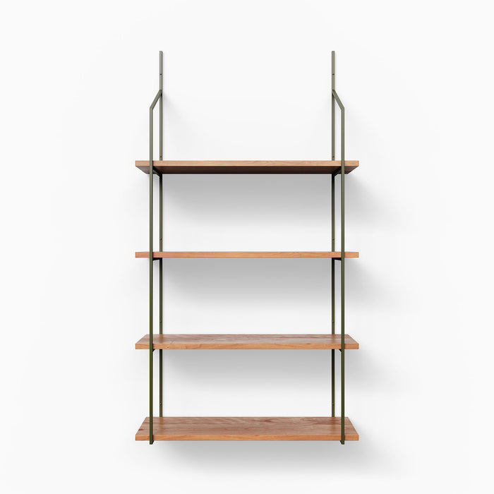Verne 4 Tiered Shelf Bracket in muted green steel with warm wood floating shelves for minimalist wall display and storage