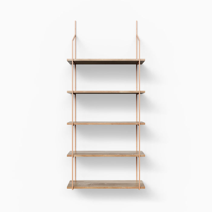 Verne 5 Tiered Shelf Bracket with natural wood shelves and copper-toned metal frame for minimalist floating wall shelving