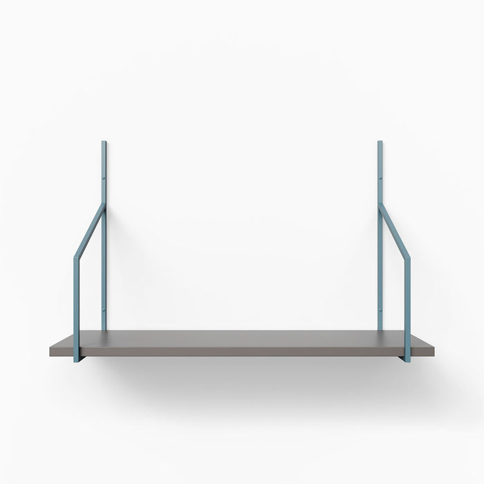 Verne Arsenic Tiered Shelf with a single dark wood ledge supported by muted blue metal floating shelf brackets