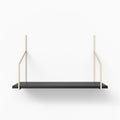 Verne Black Tiered Shelf with sleek black wood ledge and light metal floating shelf brackets for minimalist wall storage