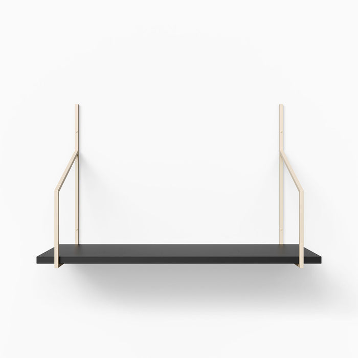 Verne Black Tiered Shelf with sleek black wood ledge and light metal floating shelf brackets for minimalist wall storage