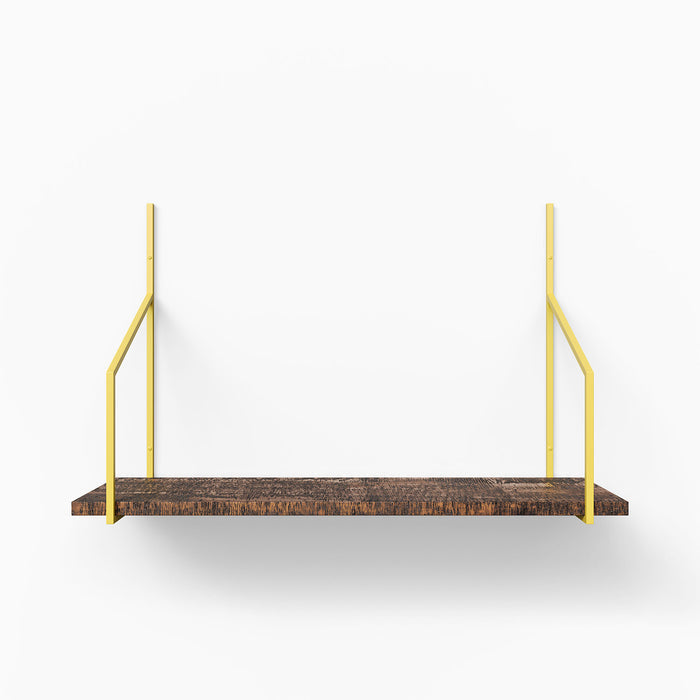 Verne Espresso Rustic Tiered Shelf with dark wood ledge and vibrant yellow metal floating shelf brackets for stylish wall display
