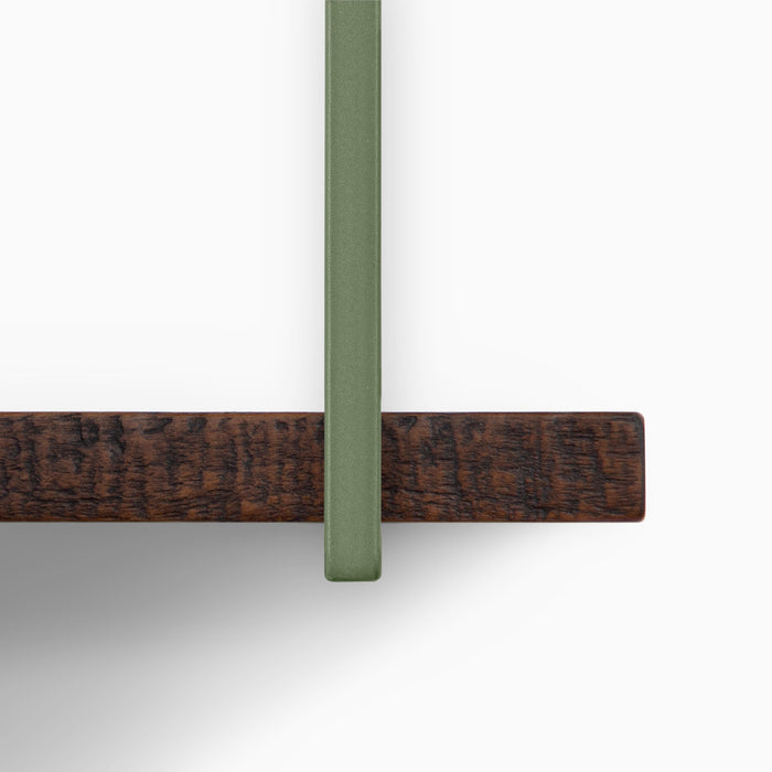 Verne Espresso Rustic 5 Tiered Shelf close-up of dark wood ledge with muted green metal floating shelf bracket for wall display