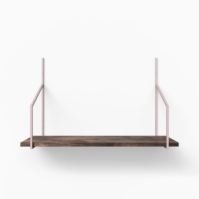 Verne Espresso Tiered Shelf featuring rich espresso wood ledge with sleek muted pink metal floating shelf brackets for wall display