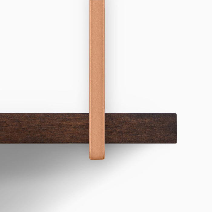 Verne Espresso Tiered Shelf with rich espresso wood ledge and smooth tan metal floating shelf bracket for modern display
