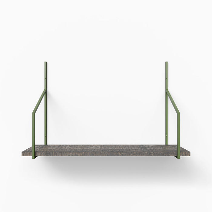 Verne Hatch Grey Rustic Tiered Shelf featuring weathered grey wood ledge with muted green metal floating shelf brackets for wall display