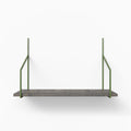 Verne Hatch Grey Rustic Tiered Shelf featuring weathered grey wood ledge with muted green metal floating shelf brackets for wall display