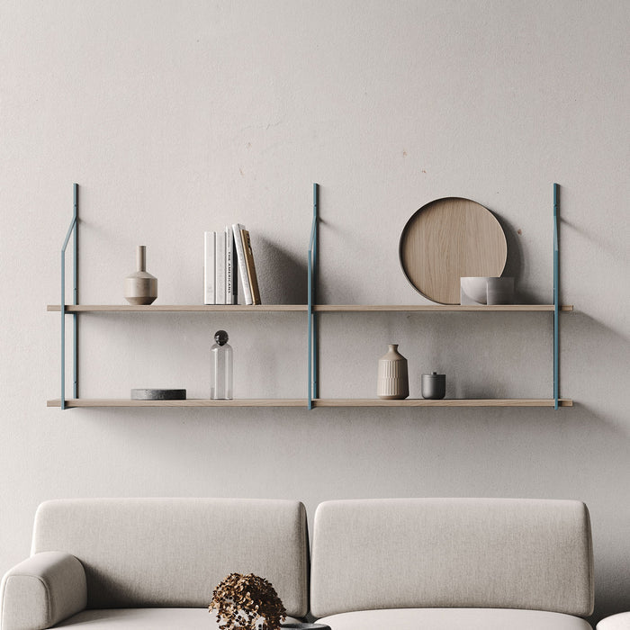 Verne Hatch Grey Tiered Shelf with light wood ledges and slender grey metal shelf brackets in modern living space