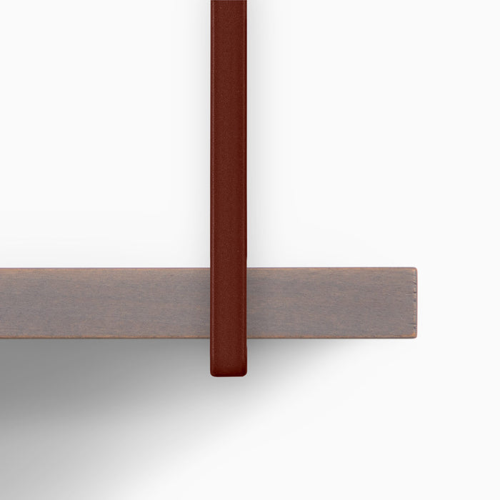 Verne Hatch Grey 5 Tiered Shelf showing smooth grey wood ledge with rich brown metal floating shelf bracket detail
