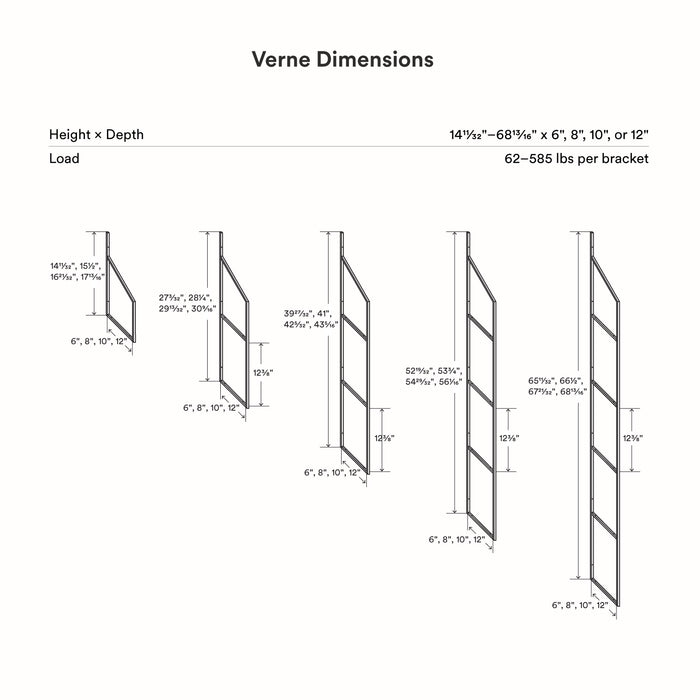 Verne Espresso 4 Tiered Shelf metal floating shelf brackets with height and depth dimensions for wall shelves and display ledges.