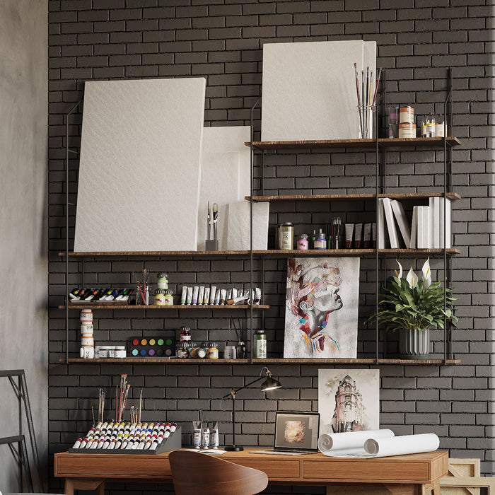 Verne Nutmeg Rustic Tiered Shelf with warm nutmeg wood ledges and dark metal floating shelf brackets for artistic wall storage