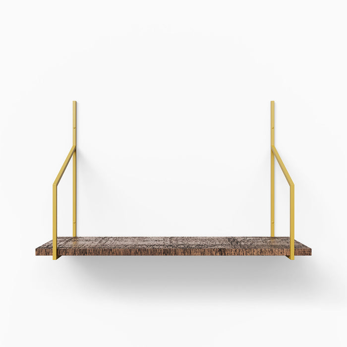 Verne Nutmeg Rustic Tiered Shelf with textured nutmeg wood ledge and minimalist gold metal floating shelf brackets for wall storage