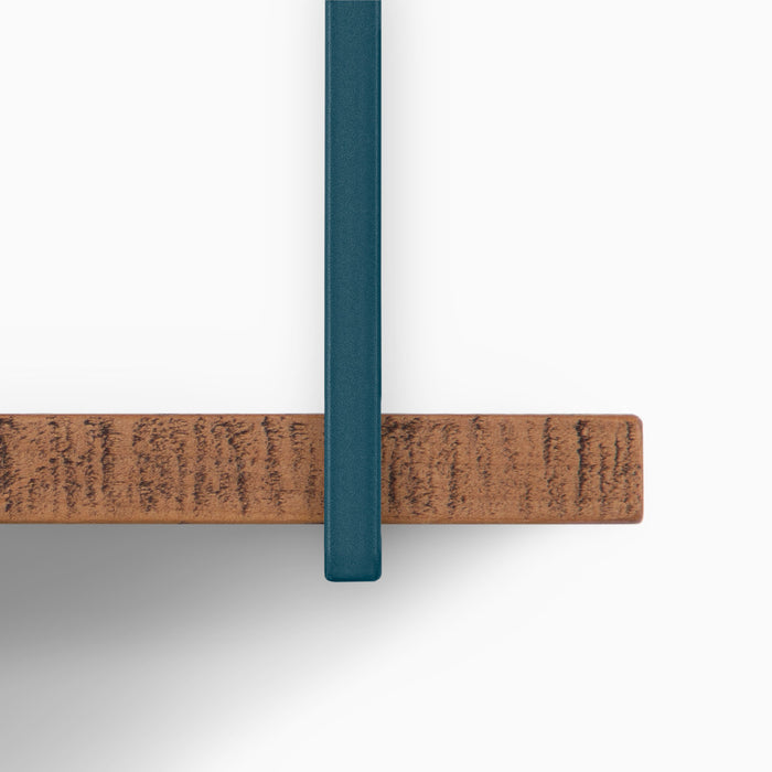 Verne Nutmeg Rustic 5 Tiered Shelf close-up of textured nutmeg wood ledge with dark teal metal floating shelf bracket detail