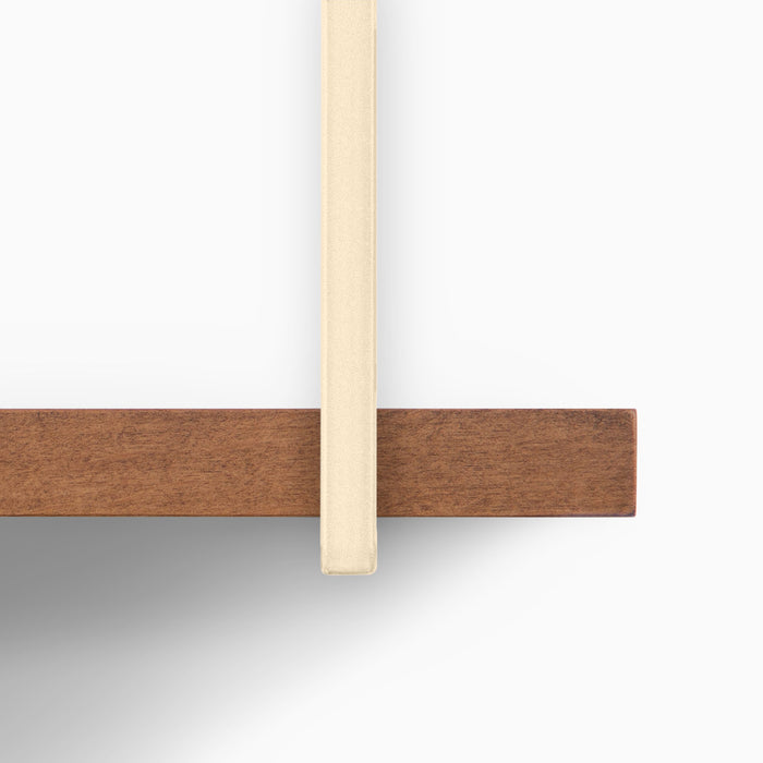 Verne Nutmeg 5 Tiered Shelf close-up of smooth nutmeg wood ledge with light cream metal floating shelf bracket detail